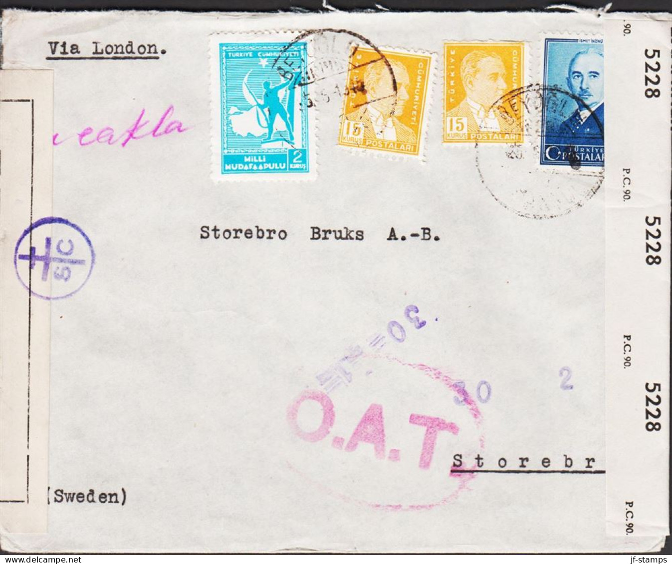 1945. TÜRKIYE. Double Censored Cover Par Avion OAT To Storebro, Sweden Via London Wit... (Michel 957+ C 62 +) - JF542659 - Ongebruikt