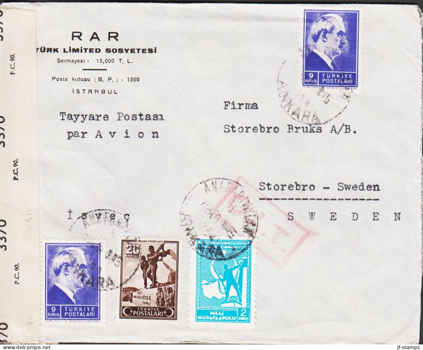 1945. TÜRKIYE. Censored Cover Par Avion OAT To Storebro, Sweden Via London With 2 Ex... (Michel 1127+ C 62 +) - JF542660 - Ungebraucht