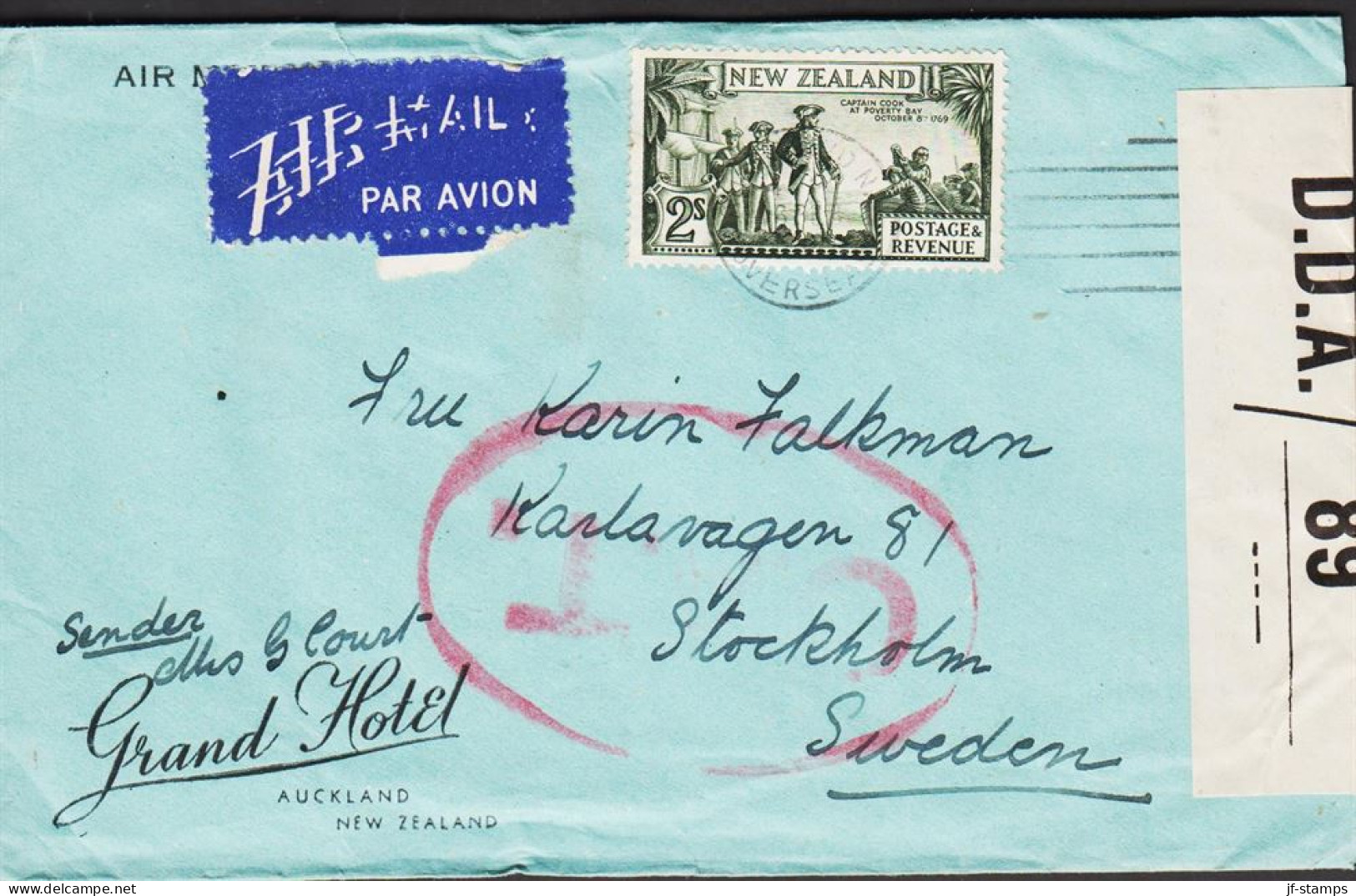 1942. New Zealand. Fine Small Censored OAT Cover PAR AVION To Sweden With 2 Shilling Captain ... (MICHEL 201) - JF542661 - Covers & Documents