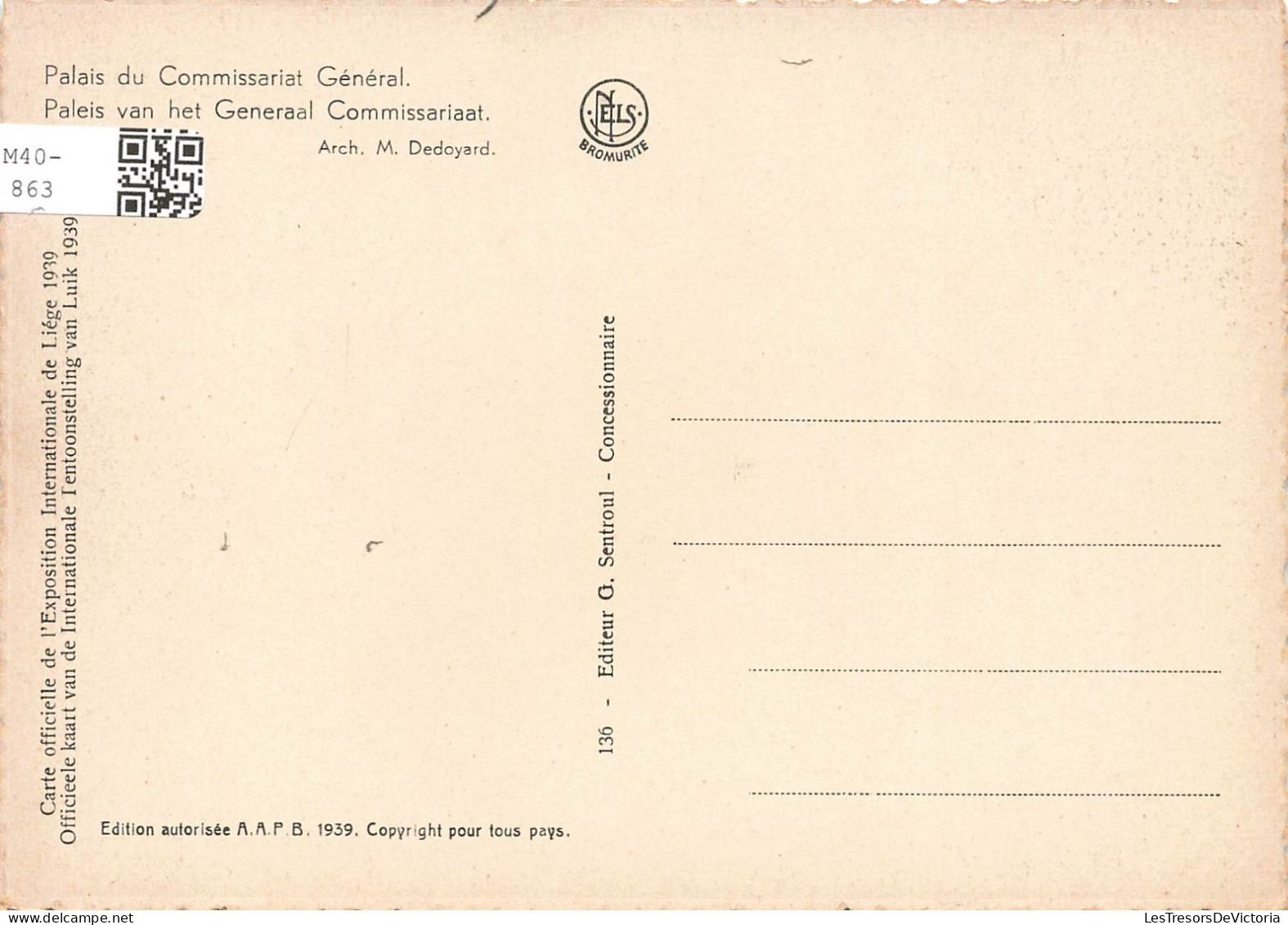 BELGIQUE -  Vue Générale Du Palais Du Commissariat Général - Arch M Dedoyard - Carte Postale Ancienne - Liege