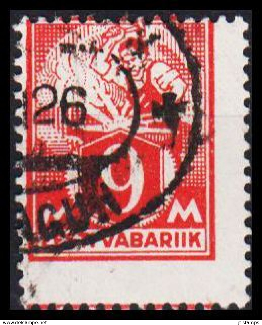 1922-28. EESTI VABARIIK. WEAVER AND SMITH  9 Mk. Red Perf 14½. Very Decentered Stamp With Par... (Michel 38A) - JF542711 - Estland