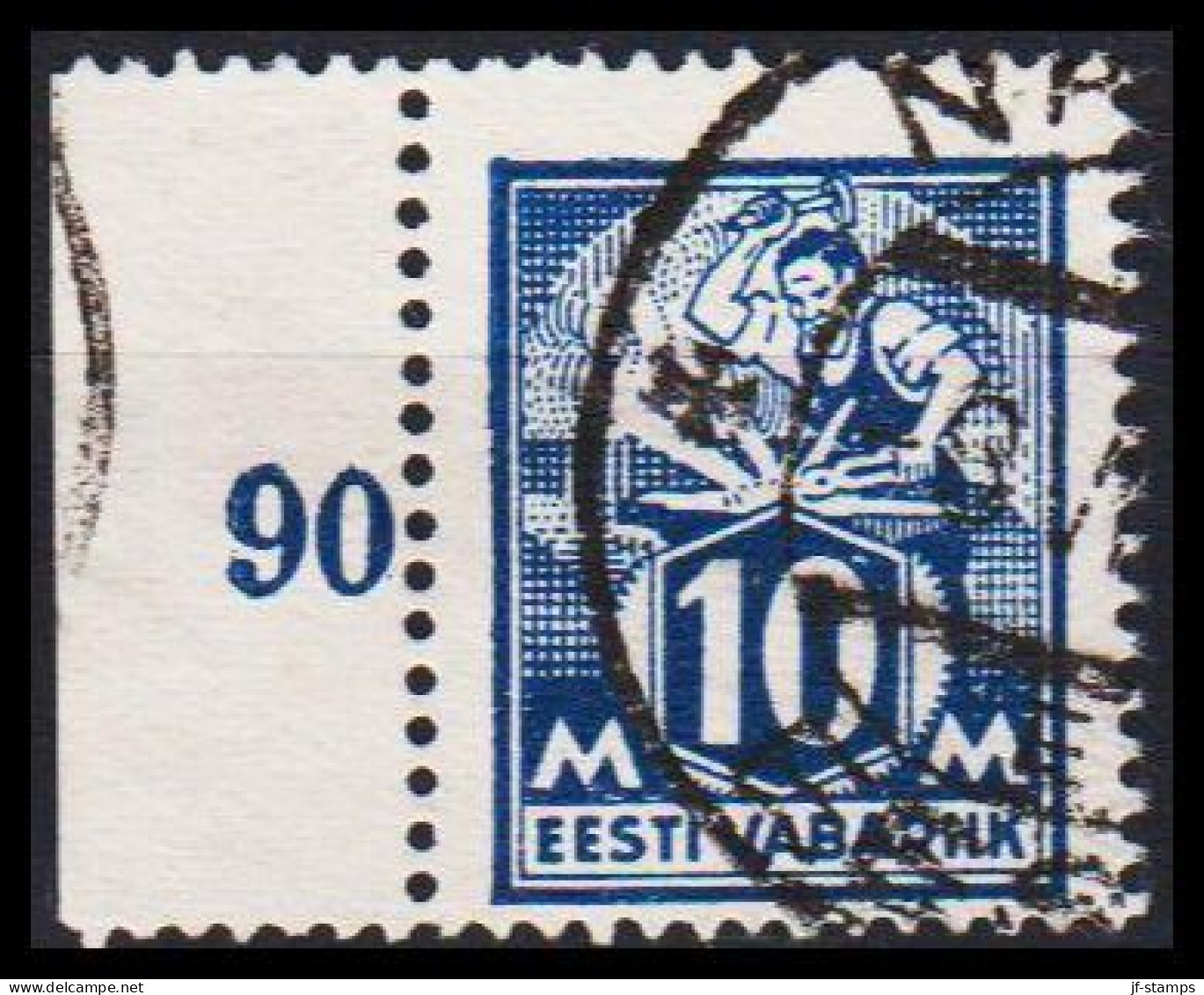 1922-28. EESTI VABARIIK. WEAVER AND SMITH. 10 Mk. Blue Perf 14½. WITH VALUE PRINT 90 IN LEFT ... (Michel 39A) - JF542714 - Estland
