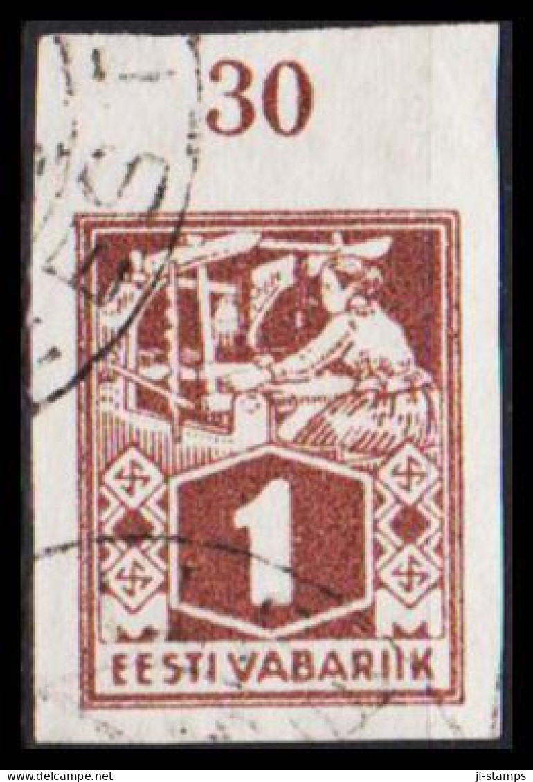 1922-28. EESTI VABARIIK. __ WEAVER AND SMITH 1 Mk. Chocolate Brown __Imperforated. With Upper... (Michel 33B) - JF542719 - Estland