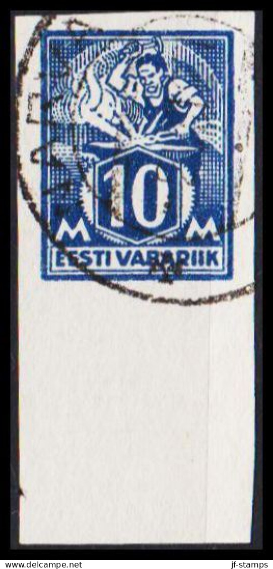 1922-28. EESTI VABARIIK. WEAVER AND SMITH 10 Mk. Dark Blue Imperforated.with Very Wide Lower ... (Michel 39B) - JF542721 - Estland