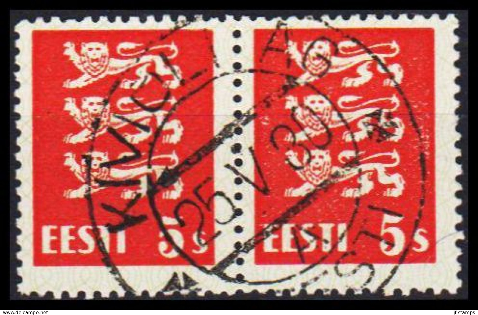 1928. EESTI.  COAT OF ARMS. 5S. Orange Red In Pair With Luxus Cancel KIVIOLI AG 25 V 30.  (Michel 77) - JF542722 - Estland