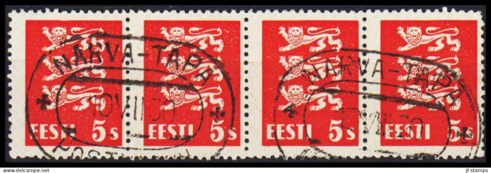 1928. EESTI.  COAT OF ARMS. 5S. Orange Red In 4-stripe With Luxus RAILWAY Cancel NARVA - TAPA ... (Michel 77) - JF542728 - Estland