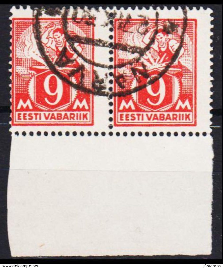 1922-28. EESTI VABARIIK. WEAVER AND SMITH  9 Mk. Red Perf 14½. In Pair With Lower Margin Canc... (Michel 38A) - JF542730 - Estland