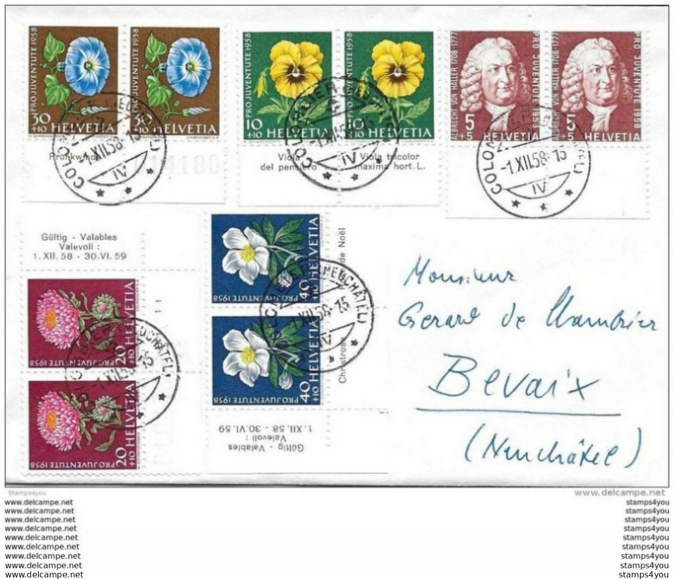 100 - 59 - Enveloppe Avec Série Pro Juventute 1959 - Cachets à Date Colombier - Date 1er Jour - Briefe U. Dokumente