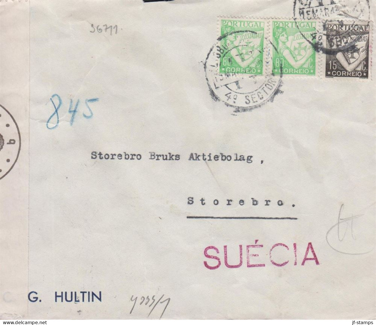 1943. PORTUGALInteresting Censored Cover To Storebro, Sweden With 15 C And 2 Ex 80 C . LUSIA... (Michel 544+) - JF542791 - Neufs