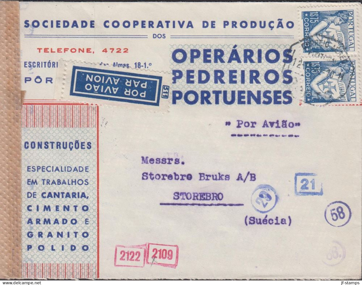 1942. PORTUGAL Extremely Beaufiful Censored Advertisement Cover To Storebro, Sweden With Pair... (Michel 601) - JF542794 - Neufs