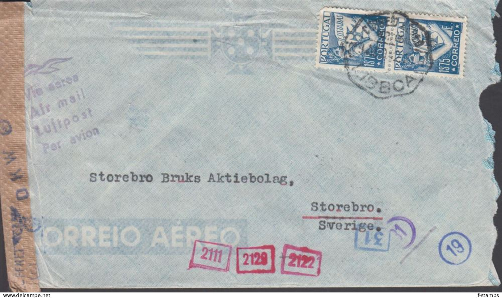 1942. PORTUGALInteresting Censored Cover To Storebro, Sweden With Pair 1$75 LUSIADAS Cancelle... (Michel 601) - JF542795 - Neufs