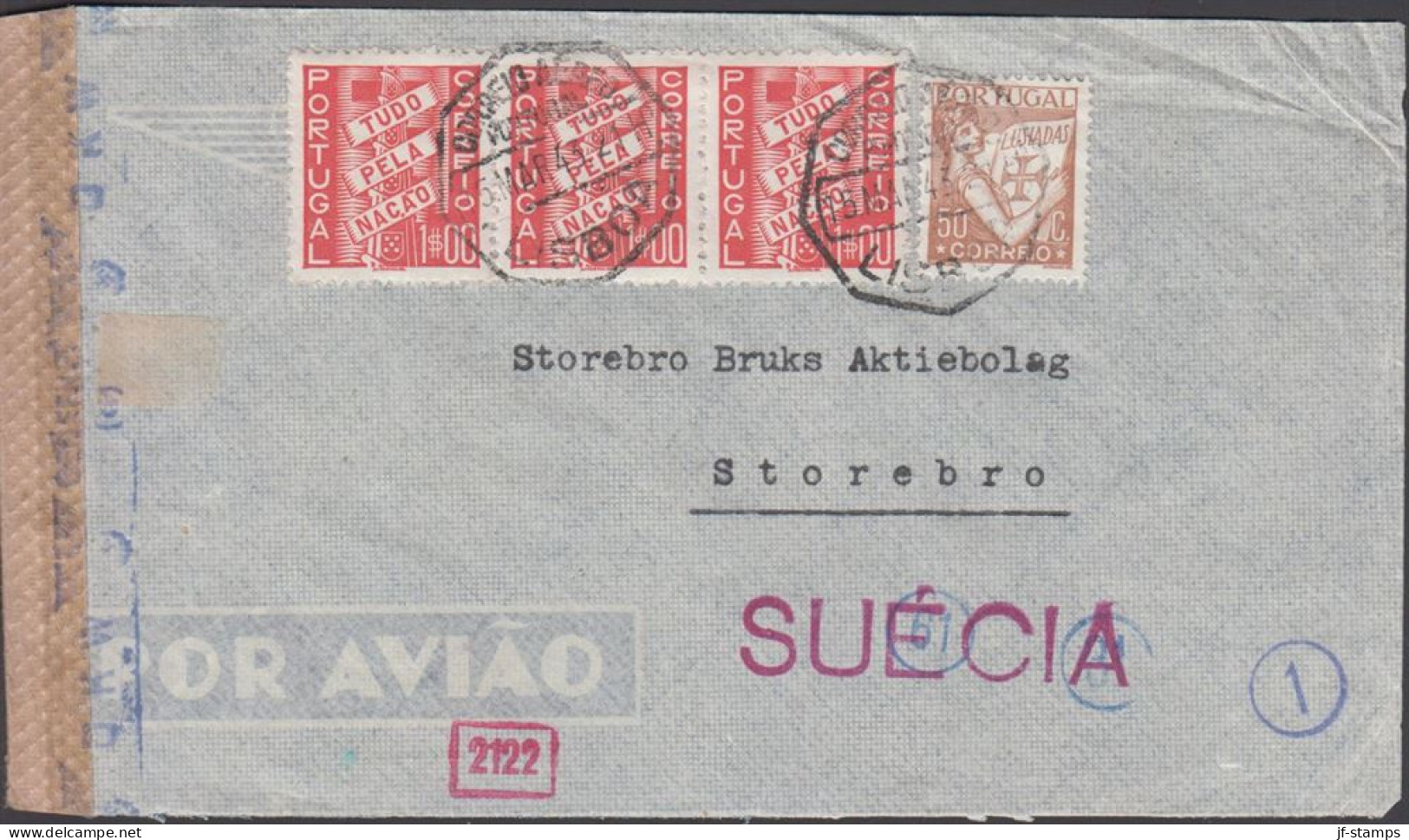 1943. PORTUGALInteresting Censored Cover To Storebro, Sweden With Pair 50 C LUSIADASand 3stri... (Michel 542) - JF542796 - Unused Stamps