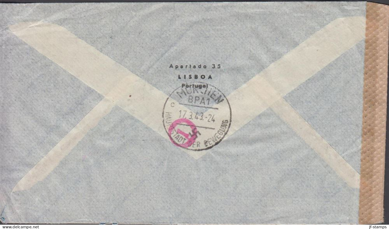 1943. PORTUGALInteresting Censored Cover To Storebro, Sweden With Pair 50 C LUSIADASand 3stri... (Michel 542) - JF542796 - Neufs