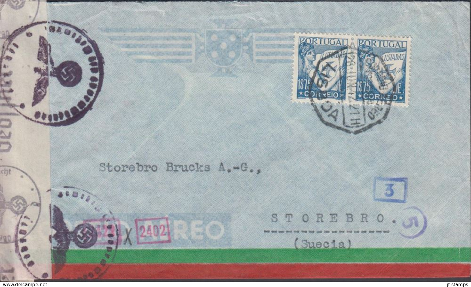 1942. PORTUGALInteresting Beautiful Censored Cover To Storebro, Sweden With Pair 1$75 LUSIADA... (Michel 601) - JF542797 - Neufs