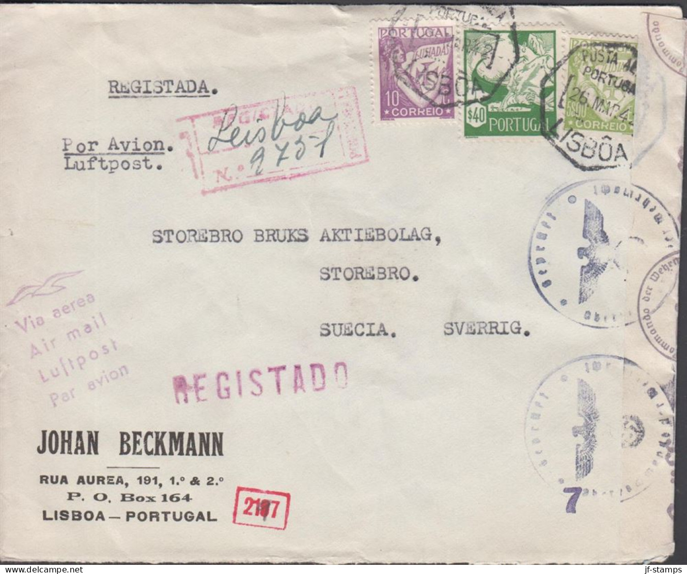 1942. PORTUGALInteresting Beautiful Censored Cover To Storebro, Sweden With 10 C + 5$00 LUSIA... (Michel 601) - JF542798 - Neufs