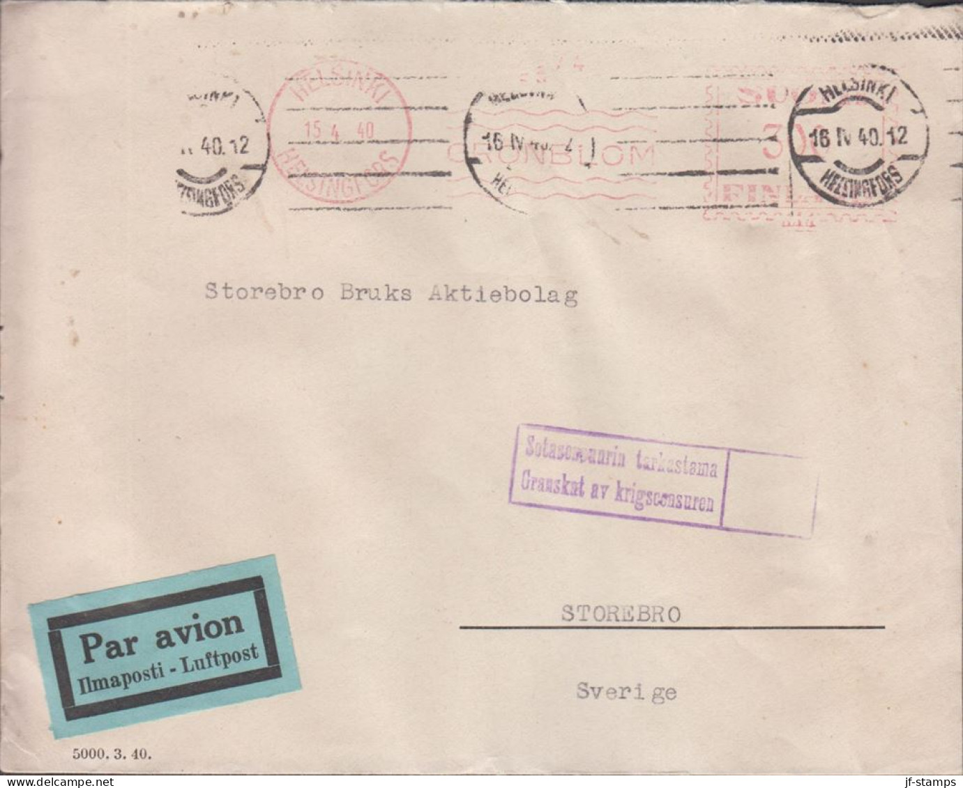 1940. FINLAND. Very Early Censored Cover To Storebro Sverige Par Avion Cancelled With Private Machine Canc... - JF542799 - Lettres & Documents