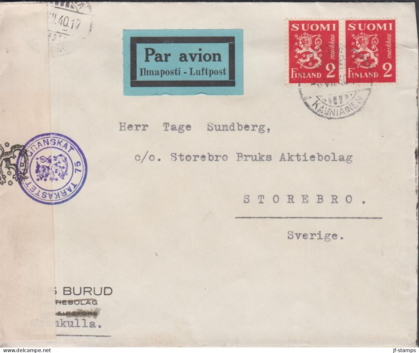 1940. FINLAND. Very Early Censored Cover To Storebro Sverige Par Avion Cancelled GRANKULLA 6.... (Michel 197) - JF542800 - Covers & Documents