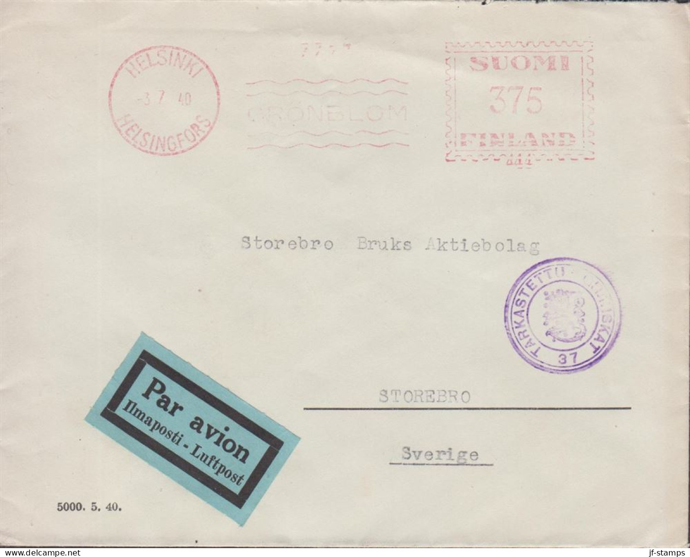 1940. FINLAND. Very Early Censored Cover To Storebro Sverige Par Avion Cancelled With Private Machine Canc... - JF542801 - Covers & Documents