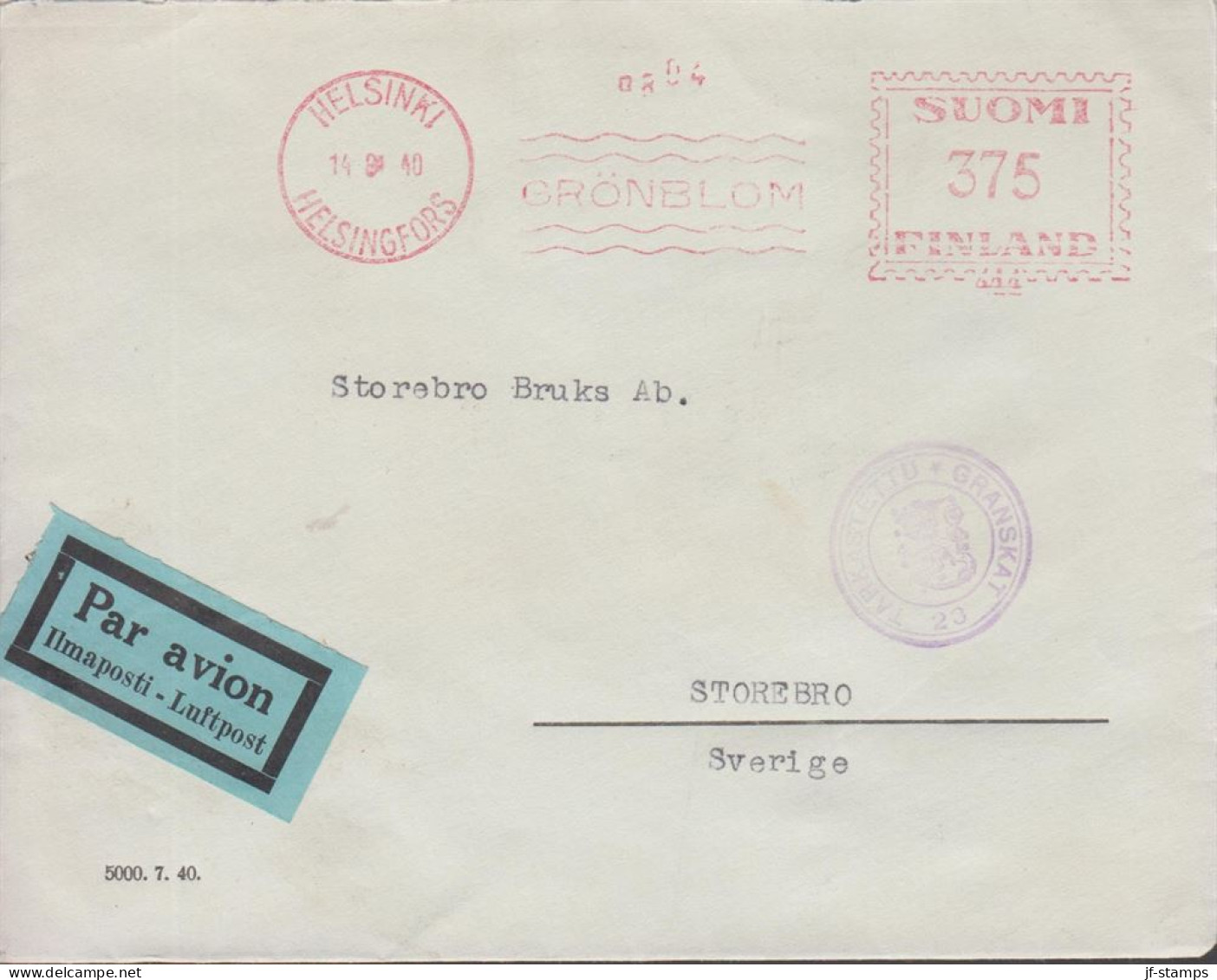 1940. FINLAND. Censored Cover To Storebro Sverige Par Avion Cancelled With Private Machine Cancel GRÖNBLOM... - JF542803 - Cartas & Documentos