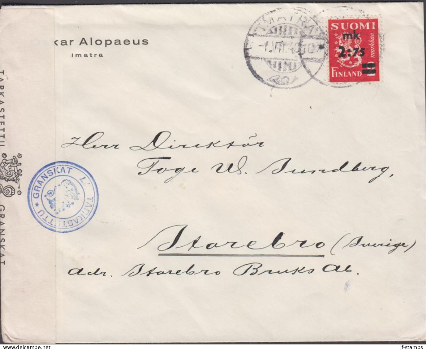 1940. FINLAND. Very Early Censored Cover To Storebro Sverige Par Avion Cancelled IMATRA 1. VI... (Michel 229) - JF542804 - Covers & Documents