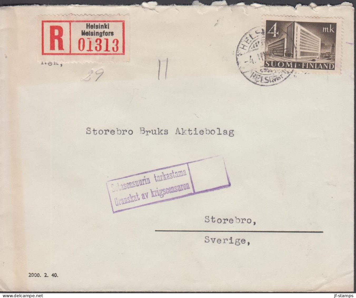 1940. FINLAND. Very Early Censored Cover To Storebro Sverige Cancelled HELSINKI 4.III.40 With... (Michel 221) - JF542808 - Brieven En Documenten