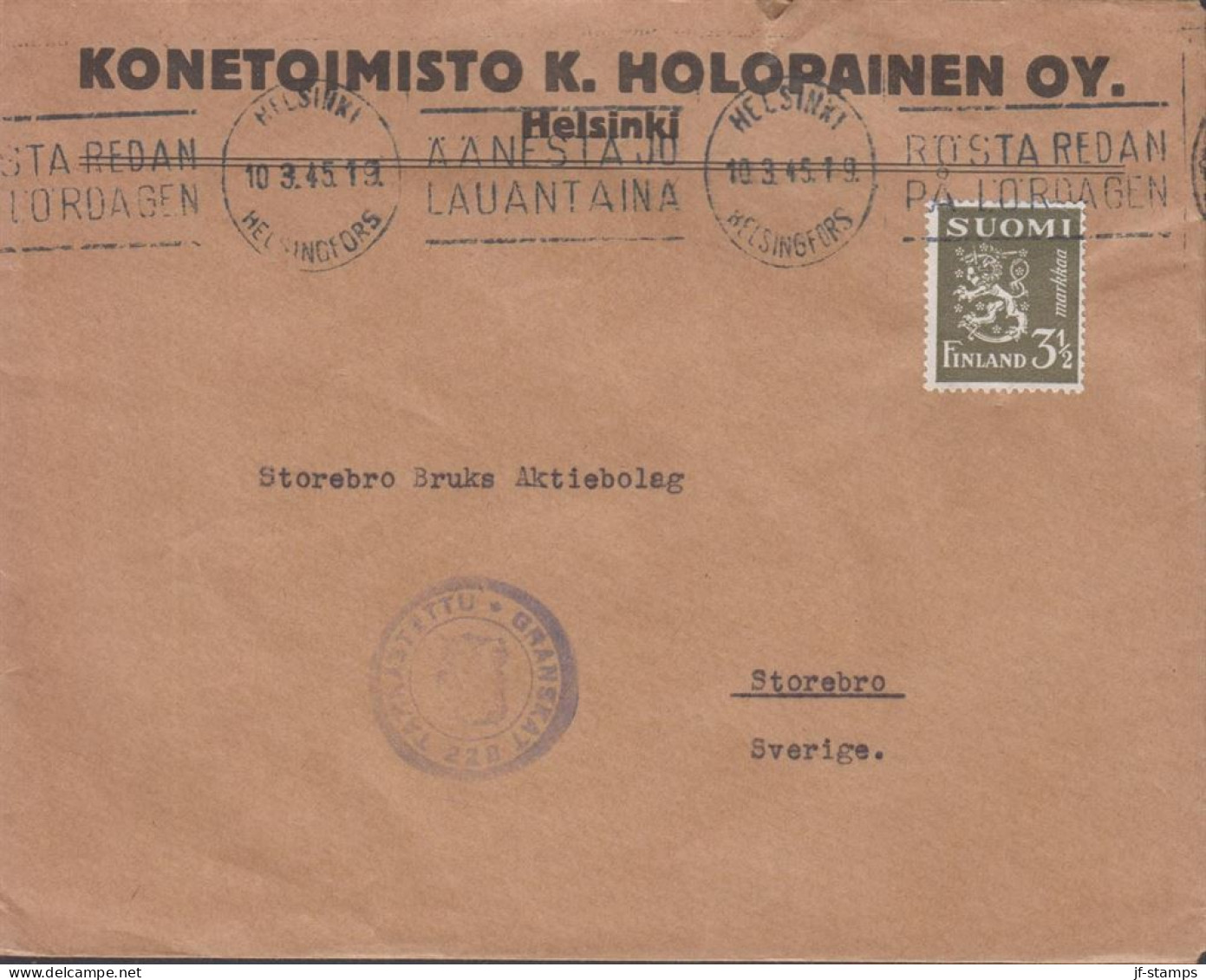 1945. FINLAND. Very Late Censored Cover  To Storebro Sverige Cancelled With Slogan Cancel HEL... (Michel 265) - JF542809 - Covers & Documents