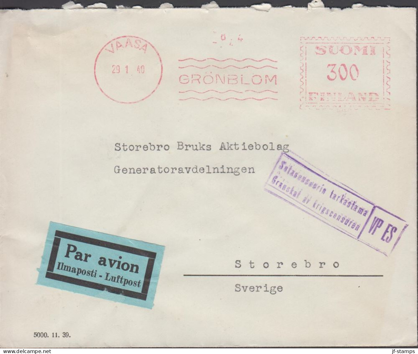 1940. FINLAND. Very Early Censored Cover To Storebro Sverige Par Avion Cancelled With Private Machine Canc... - JF542810 - Lettres & Documents