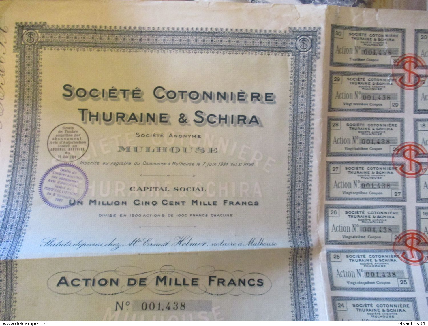 Action 1 000 Francs Société Cotonnière Thuraine Schira - Textil