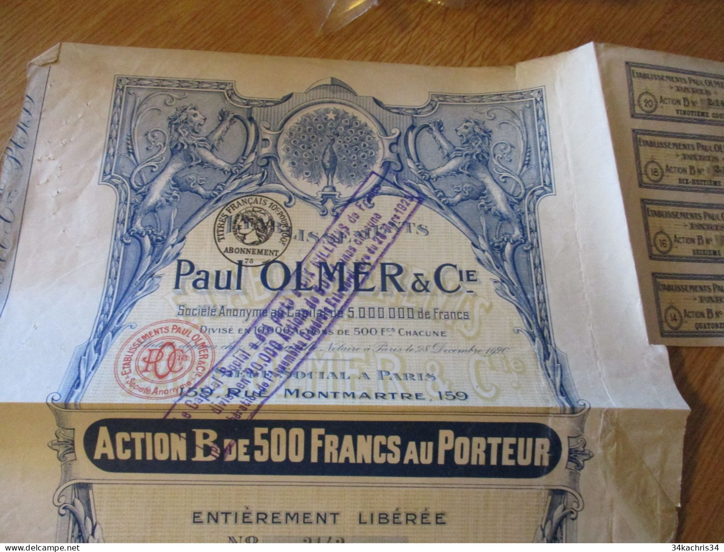 Action Obligation 500 Francs Paul Olmer - Altri & Non Classificati