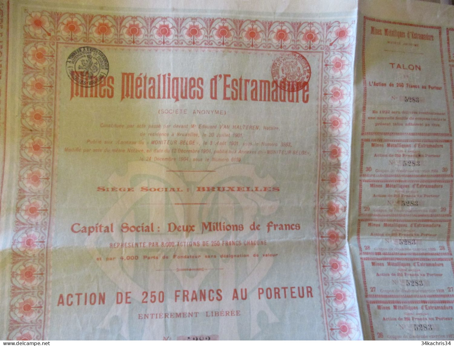 Action Obligation 250 Francs Mines Métalliques D'Estramadure - Bergbau