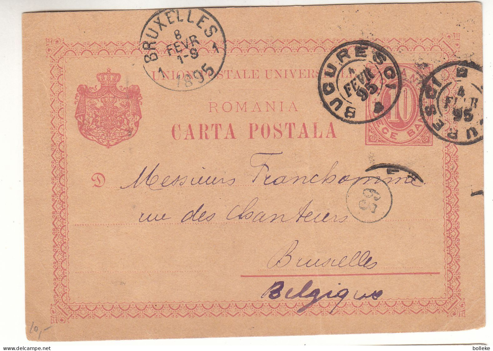 Roumanie - Carte Postale De 1895 - Entier Postal - Oblit Bucuresti - Exp Verss Bruxelles - - Briefe U. Dokumente