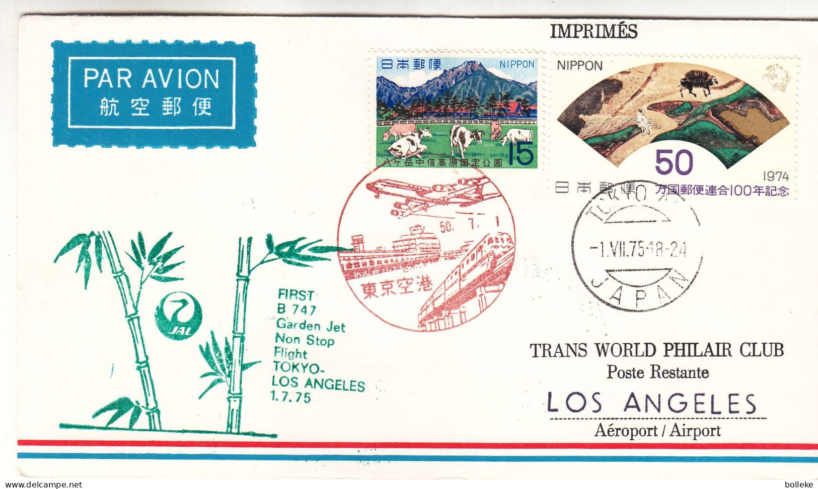 Japon - Lettre De 1975 - Oblit Tokyo - 1 Er Vol Tokyo Los Angeles - - Covers & Documents