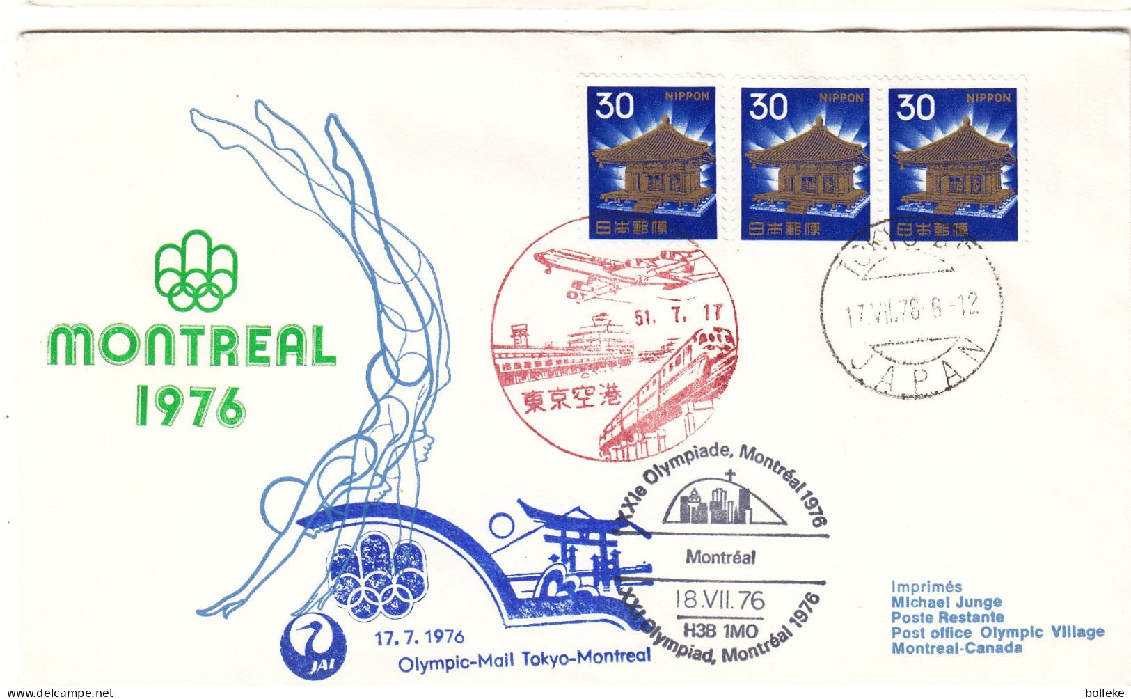 Japon - Lettre De 1976 - Oblit Tokyo - 1 Er Vol Tokyo Montreal - Cachet Jeux Olympiques De 1976 - - Briefe U. Dokumente