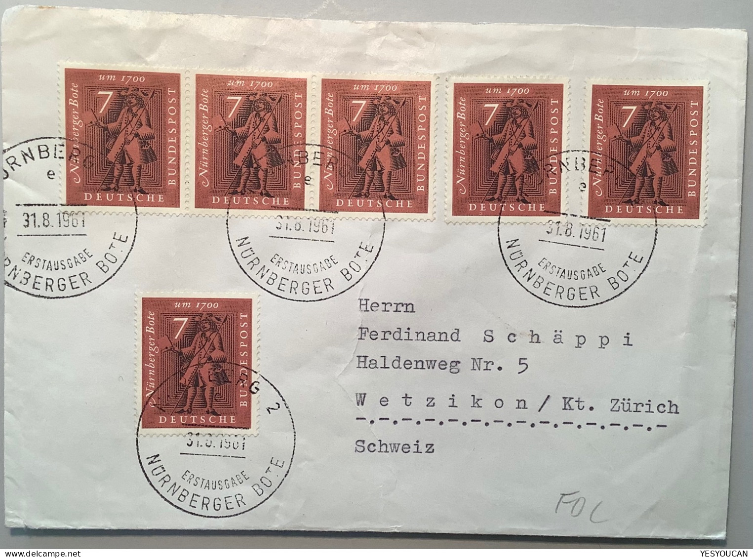 1961 Mi.365 Seltener MEF ! FDC, 7Pf Nürnberger Bote 1700 (Bund BRD Germany Brief Postbote Post Facteur Spear Lance - Briefe U. Dokumente