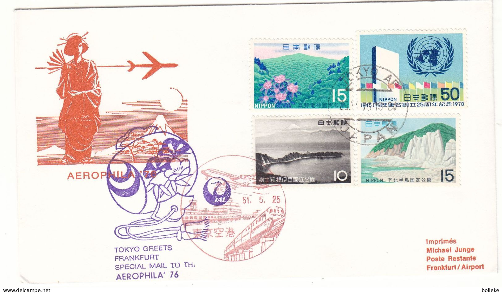 Japon - Lettre De 1976 - Oblit Tokyo - Vol Spécial Tokyo Frankfurt - Trains - Nations Unies - - Storia Postale