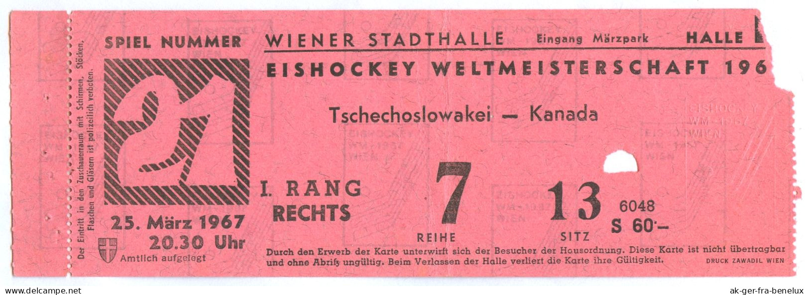 Ticket Eintrittskarte Eishockey-Weltmeisterschaft WM Tschechoslowakei Vs Kanada 25. 3. 1967 Wien Vienna Team Canada ČSLH - Wintersport