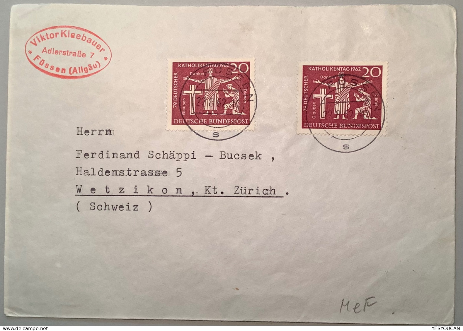 1962 Mi.381 Seltener MEF ! FDC, 20Pf Deutscher Katholikentag (Bund BRD Germany Brief Christian Religion Cross Catholique - Covers & Documents