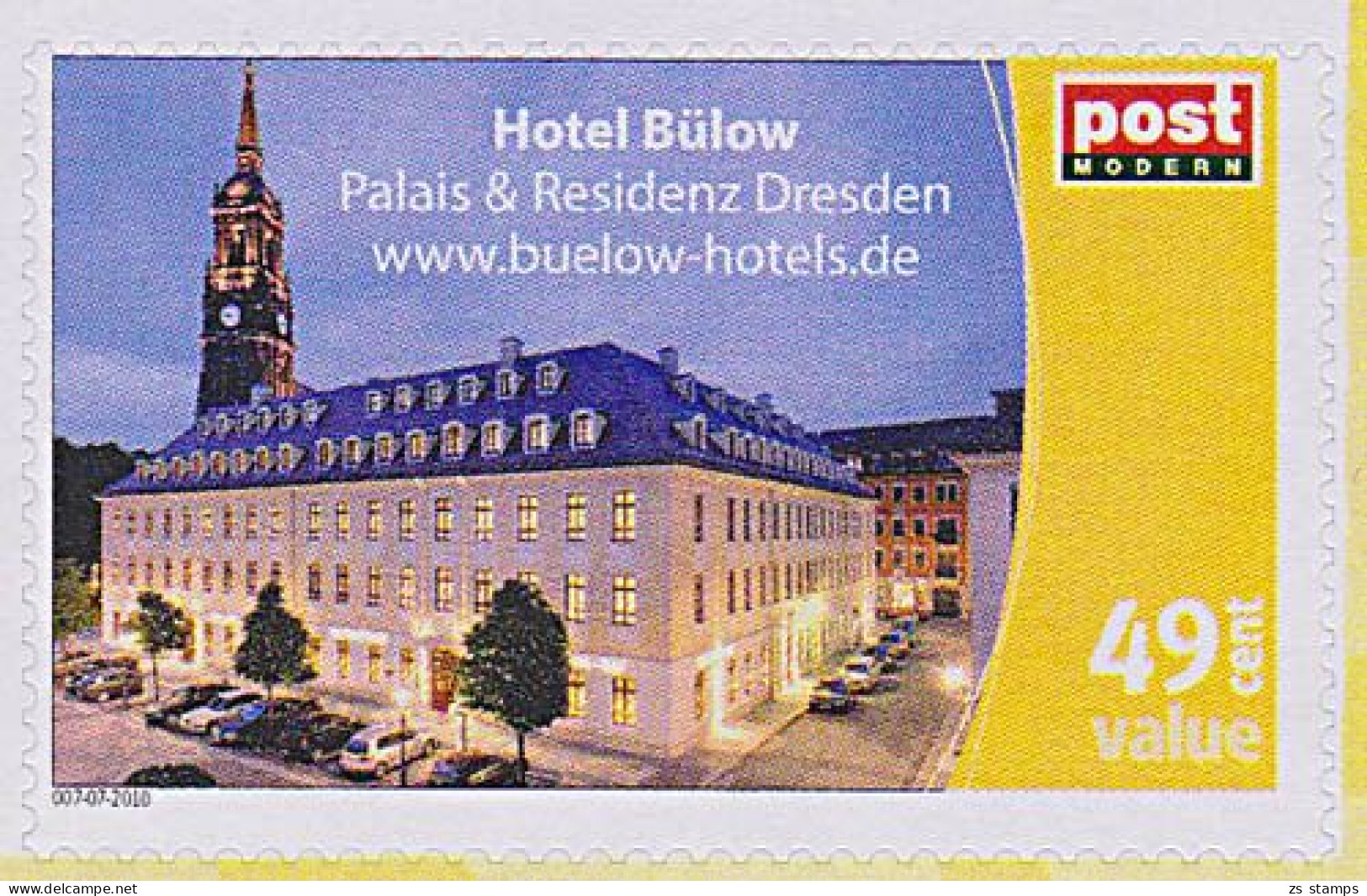 Dresden 3-Königskirche, Hotel Bülow Königstraße **, Postmodern Privatpost Wunschbriefmarke 007-07-2010 - Privé- & Lokale Post