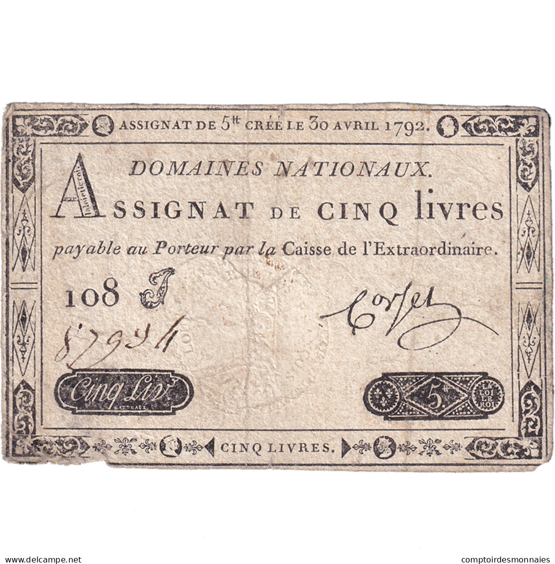 France, 5 Livres, 1792, 108J87994, TB+, KM:A57, Lafaurie:152 - Assegnati