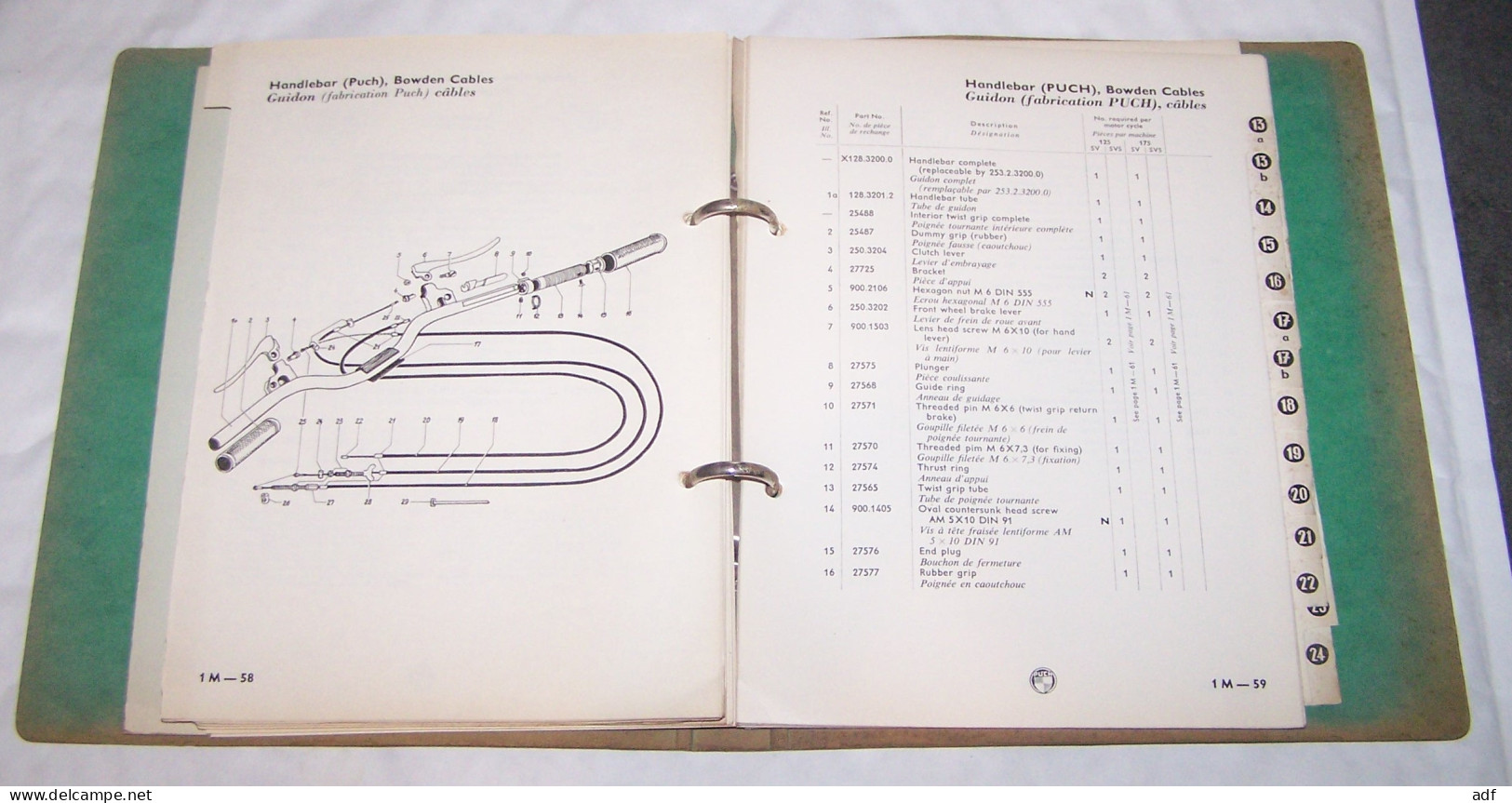 ANCIEN CLASSEUR CATALOGUE DES PIECES DE RECHANGE MOTO MOTOS PUCH 125 ET 175 SV, MOTOCYCLETTES, MOTOR CYCLES 1956