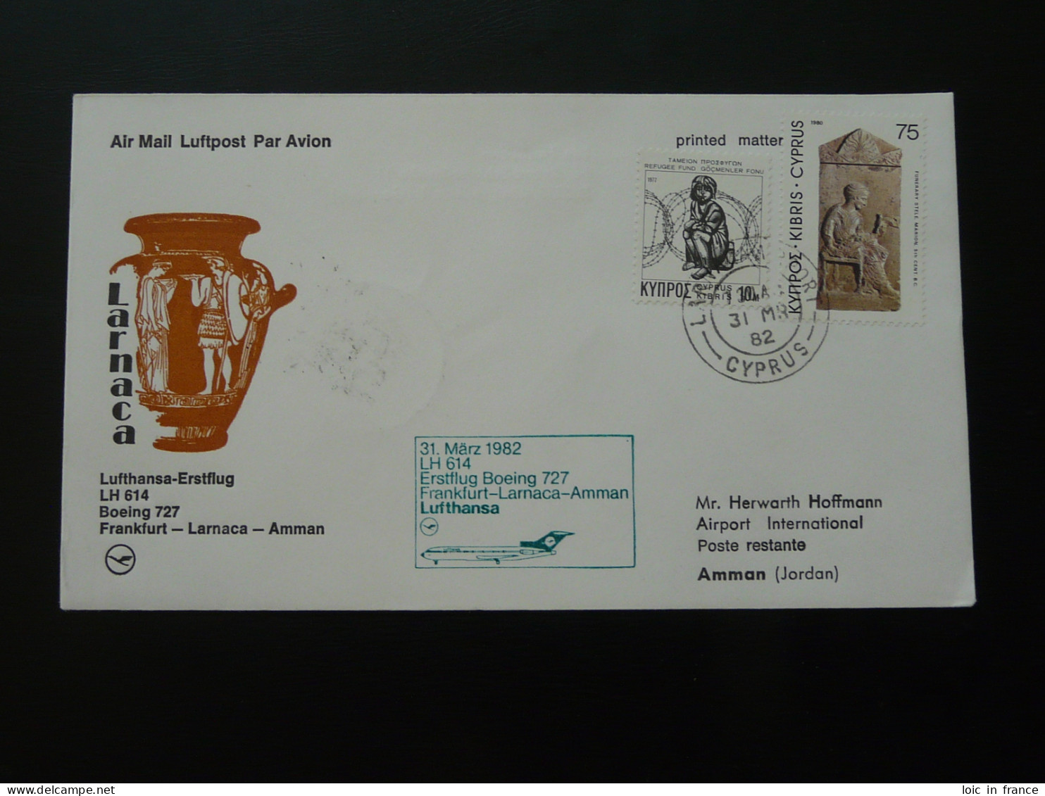 Lettre Premier Vol First Flight Cover Larnaca --> Amman Jordan Boeing 727 Lufthansa 1982  - Briefe U. Dokumente