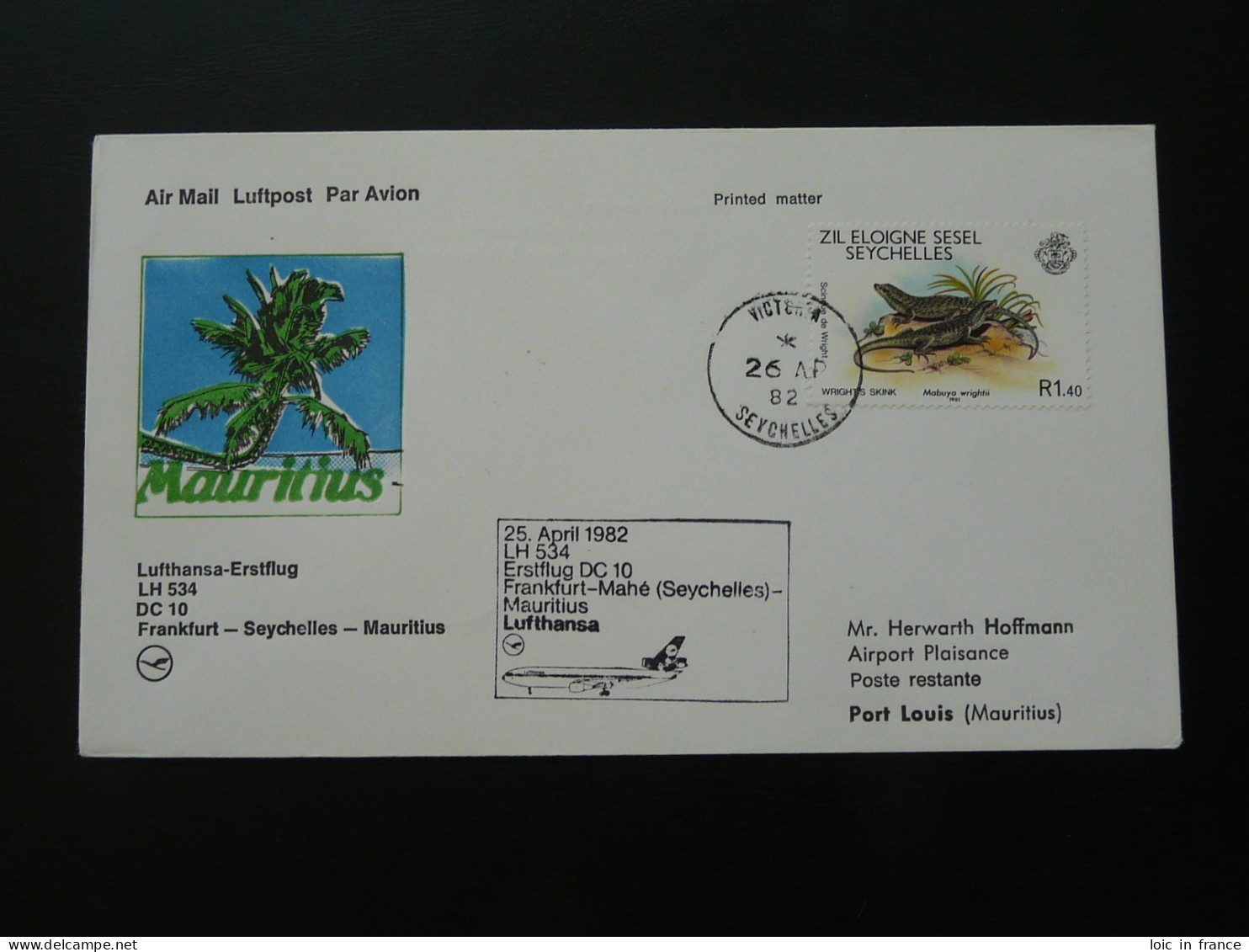 Lettre Premier Vol First Flight Cover Seychelles Mauritius DC10 Lufthansa 1982  - Seychelles (1976-...)