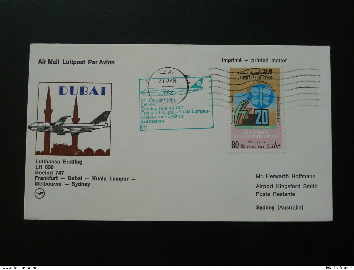 Lettre Premier Vol First Flight Cover Dubai --> Sydney Australia Boeing 747 Lufthansa 1982  - Dubai