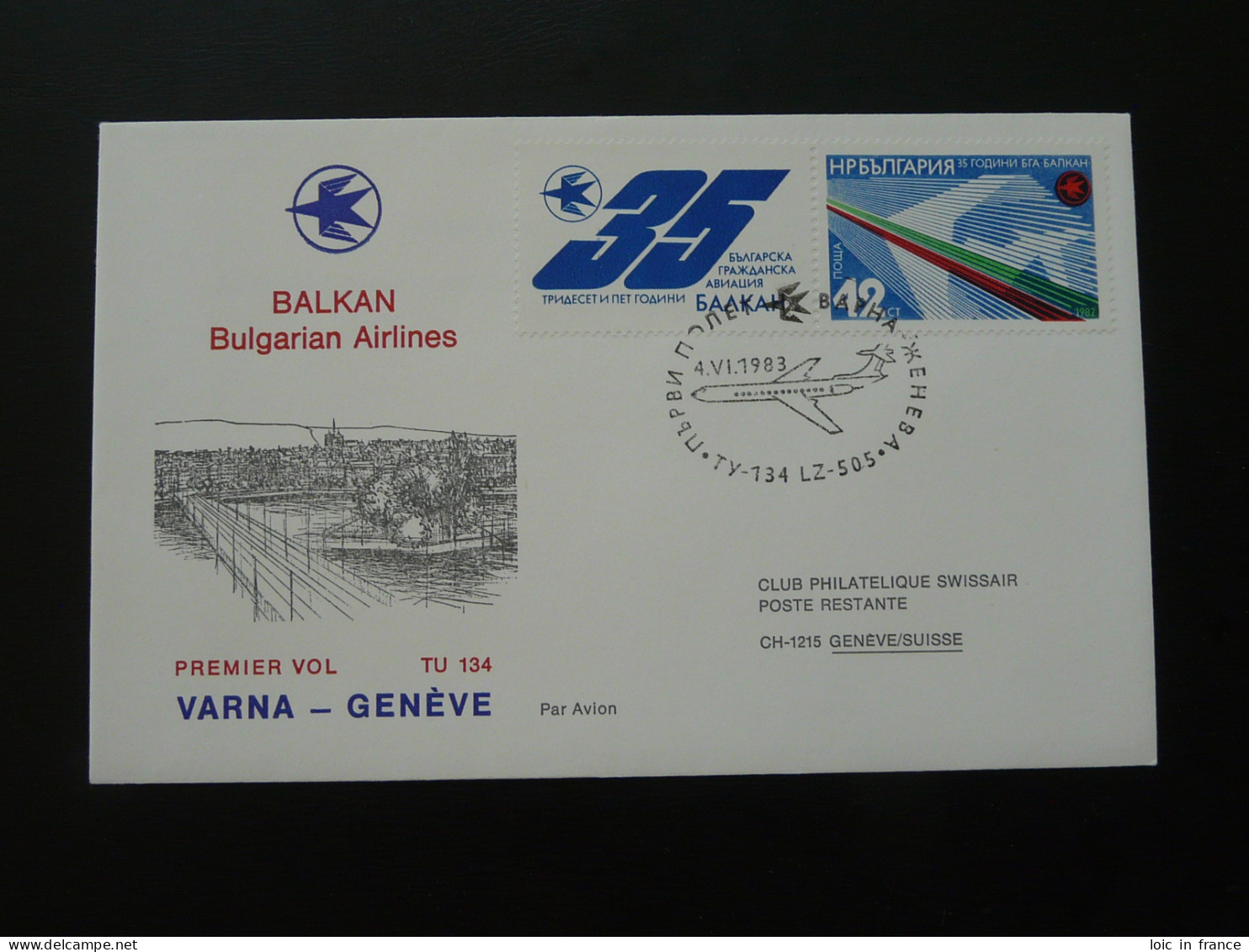 Lettre Premier Vol First Flight Cover Varna Geneve Bulgarian Airlines 1983 - Covers & Documents
