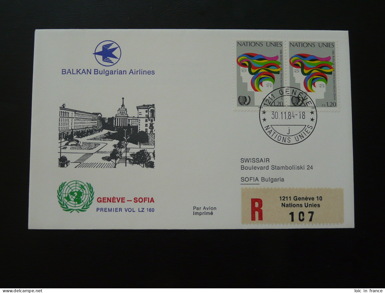 Lettre Premier Vol First Flight Cover Geneve (Nations Unies) --> Sofia Bulgaria Airlines 1984 - Covers & Documents