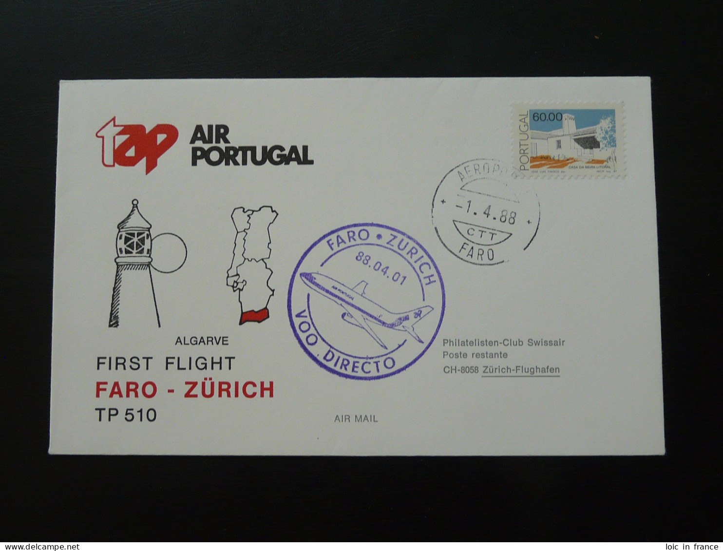 Lettre Premier Vol First Flight Cover Faro Zurich TAP Air Portugal 1988 - Covers & Documents