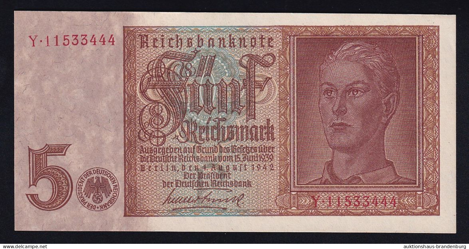 5 Reichsmark 1.8.1942 - Serie Y - KN 8-stellig - Reichsbank (DEU-220b) - 5 Reichsmark