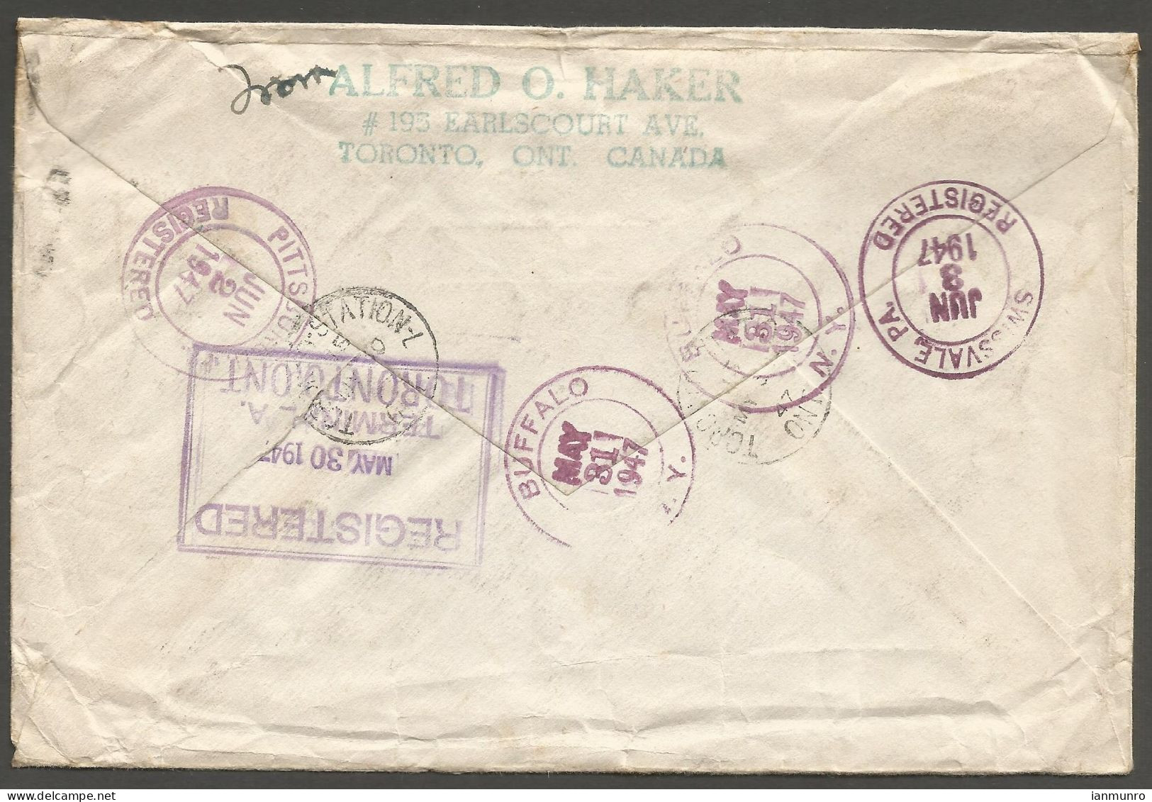 1947 Registered Cover 18c War/Peace CDS Toronto Stn L Ontario To USA - Postal History