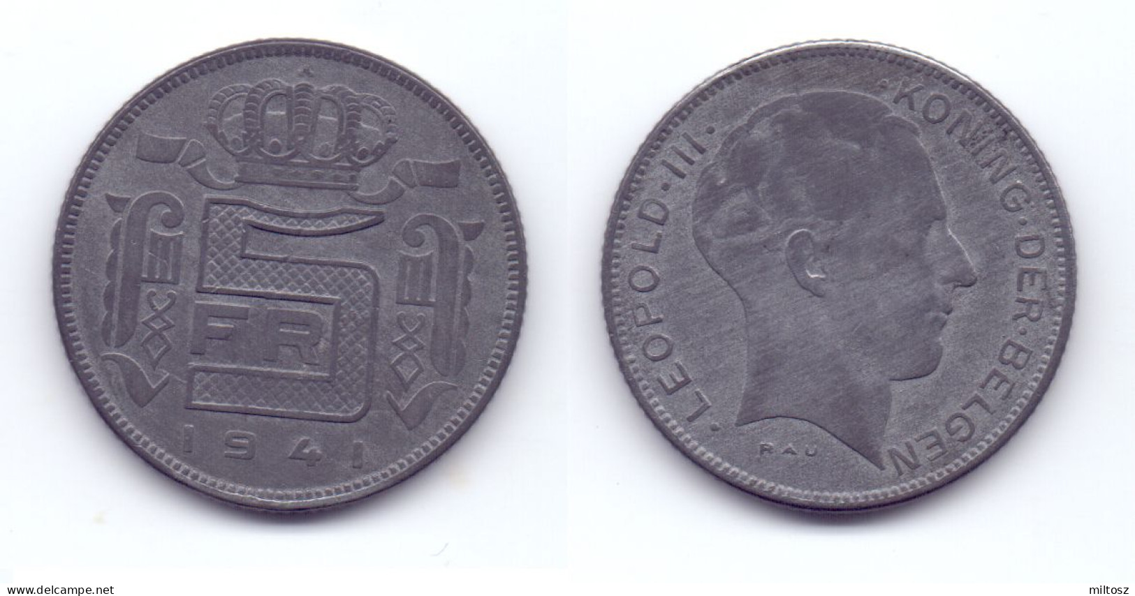 Belgium 5 Francs 1941 WWII Issue (Dutch Legend) - 5 Francs