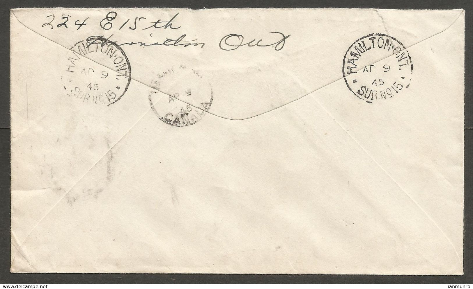 1945 Registered Cover 13c War/Airmail CDS Hamilton Ontario Sub No 15 Local - Histoire Postale